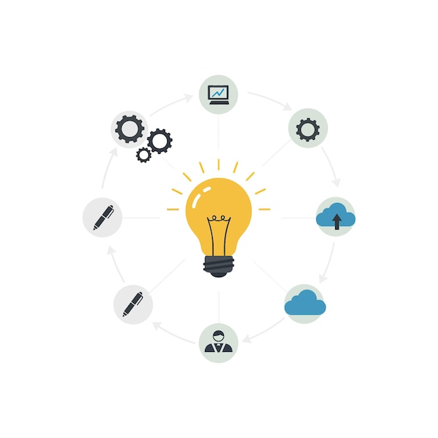 Bombilla que simboliza la innovación y las ideas en una ilustración vectorial mínima con elementos interconectados que representan la tecnología y el crecimiento