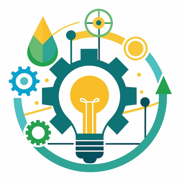 Una bombilla rodeada de engranajes interconectados que representan la innovación y la resolución de problemas en un contexto mecánico Un símbolo de progreso e innovación en el horizonte