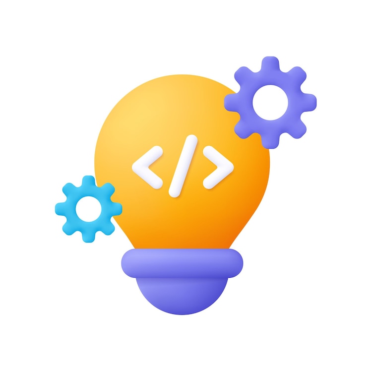 Vector bombilla con signo de codificación y engranaje codificación creativa e idea icono vectorial 3d estilo minimalista de dibujos animados