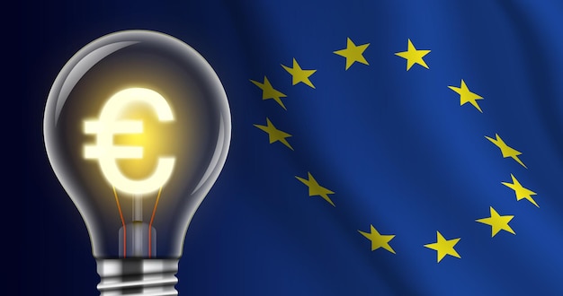 Vector bombilla con el signo del euro brillante en el fondo de la bandera de la ue bandera de vector de concepto de precio de electricidad alta