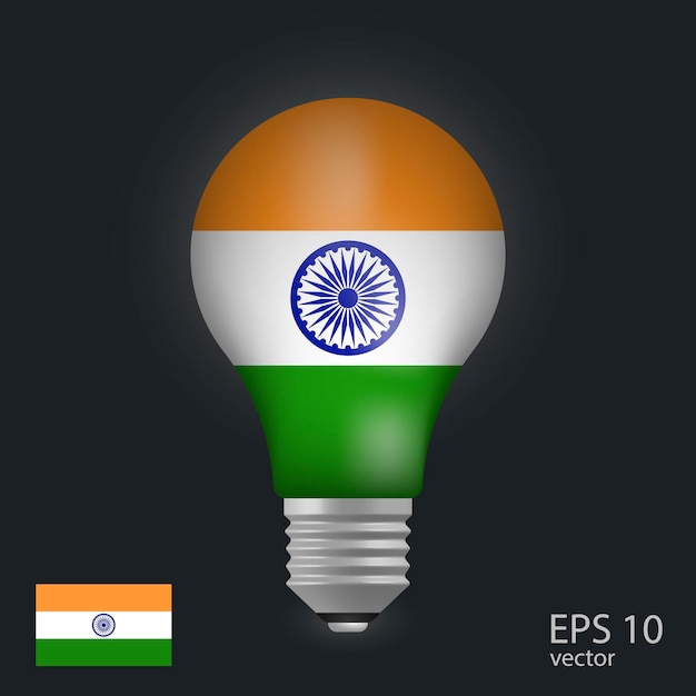 Bombilla vectorial con la bandera de la India en 3D aislada en un fondo gris
