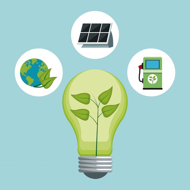 Bombilla verde con panel solar y energía eléctrica