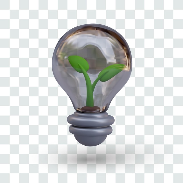 Bombilla de vidrio realista con brote verde dentro de un dispositivo de iluminación transparente con planta