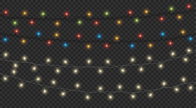 Bombillas incandescentes para Navidad y año nuevo. Guirnalda realista aislada sobre fondo transparente. Decoraciones navideñas para diseño festivo o fiesta. Ilustración vectorial