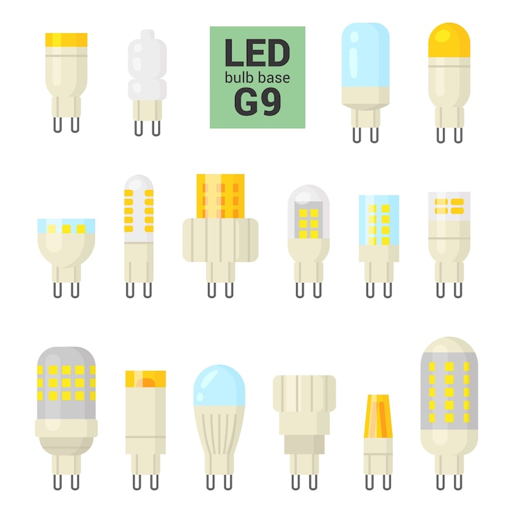 Vector bombillas led con base g9, juego de colores sobre fondo blanco