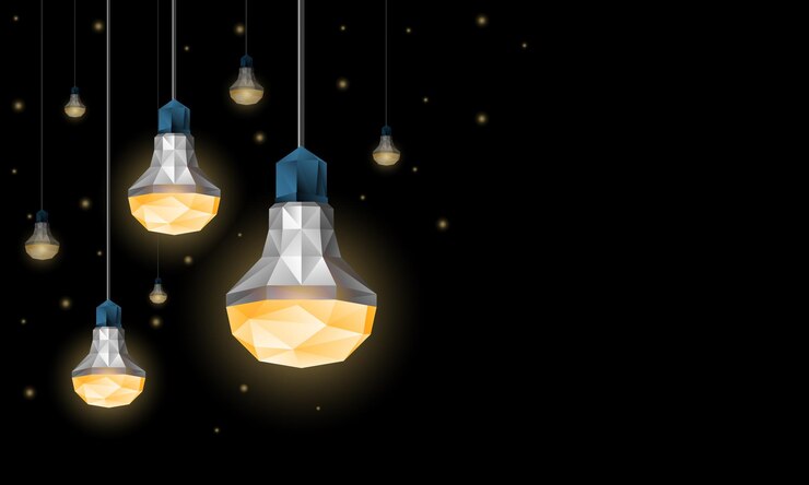 Vector bombillas led poligonales colgando del techo decoración de iluminación con lámparas poli bajas para el fondo de la pancarta