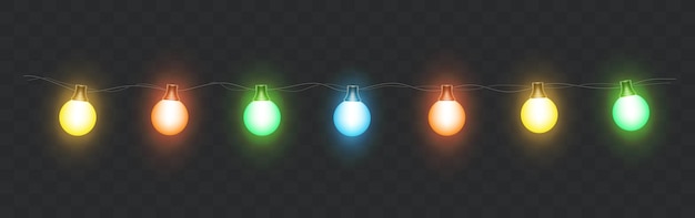 Bombillas, luces de cadena navideña, imágenes prediseñadas vectoriales aisladas en un fondo transparente