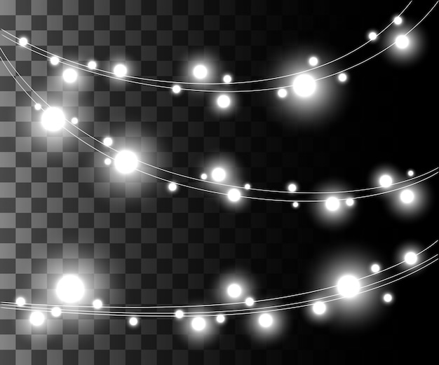 Bombillas de luz plateadas que brillan intensamente horizontales para guirnaldas navideñas, efecto de decoraciones navideñas en el juego de página web de fondo transparente y diseño de aplicaciones móviles