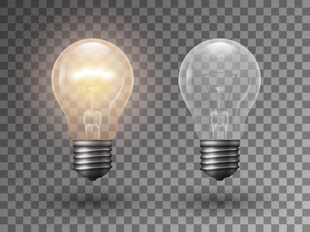 Bombillas de luz transparentes realistas sobre fondo oscuro Ilustración de vector 3d encendido y apagado de lámpara eléctrica