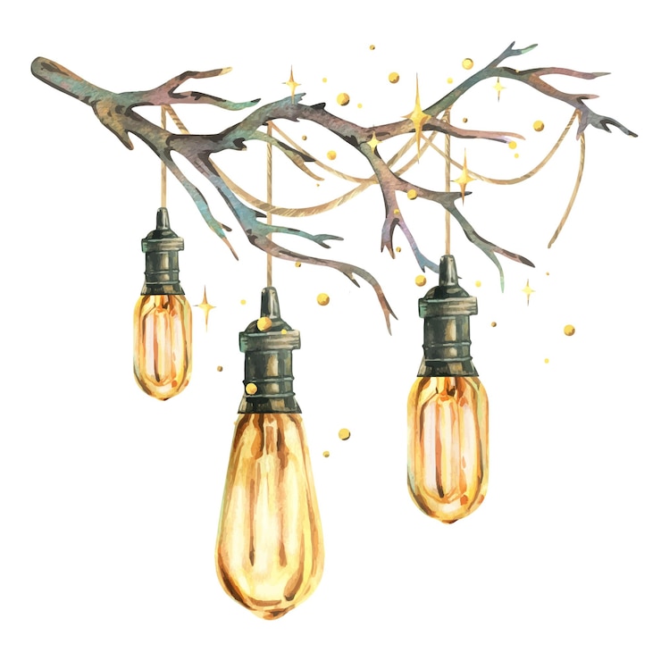 Vector las bombillas retro edison brillan colgando de cables en una rama seca con estrellas brillantes navidad de año nuevo