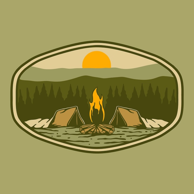 Vector bonfire en el campo de verano en el bosque insignia logotipo diseño ilustración vectorial