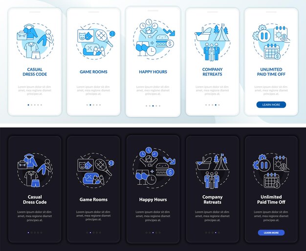 Bonificaciones en el lugar de trabajo al incorporar la pantalla de la página de la aplicación móvil. Tutorial de instrucciones gráficas de 5 pasos con conceptos lineales. UI, UX, plantilla GUI. Modo día y noche. Myriad Pro-Bold, fuentes regulares utilizadas