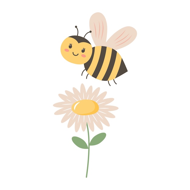 Una bonita abeja volando sobre una manzana Ilustración vectorial aislada sobre un fondo blanco