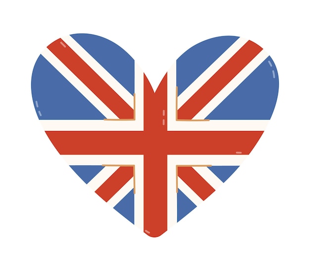 Bonita bandera de dibujos animados del Reino Unido en forma de corazón Union Jack simple dibujado a mano en forma de corazón