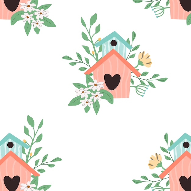 Una bonita casa de pájaros romántica de color rosa con una ilustración vectorial de la rama floral se puede usar para envolver