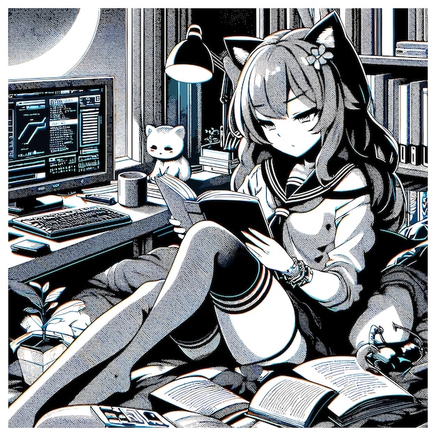 Bonita chica anime leyendo en su habitación estilo cómico vector blanco y negro