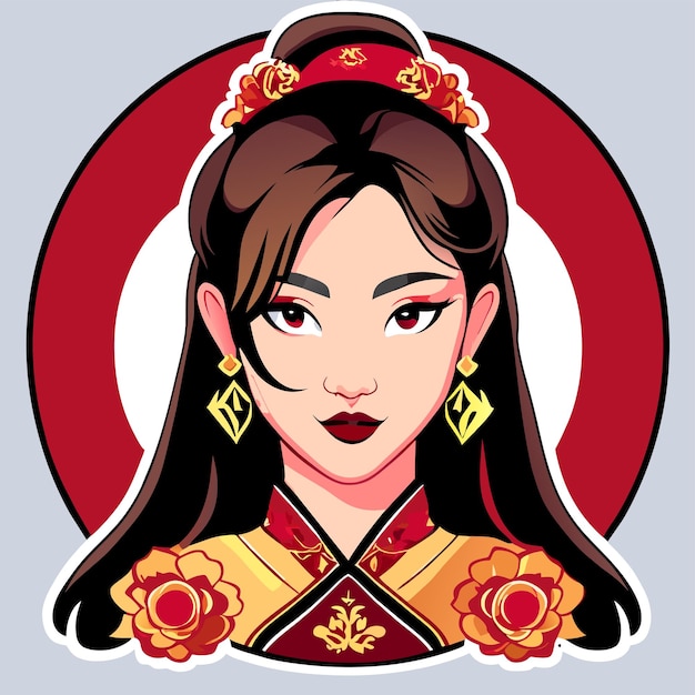 Bonita chica china en vestido mandarín con festival de año nuevo chino con marco espacial