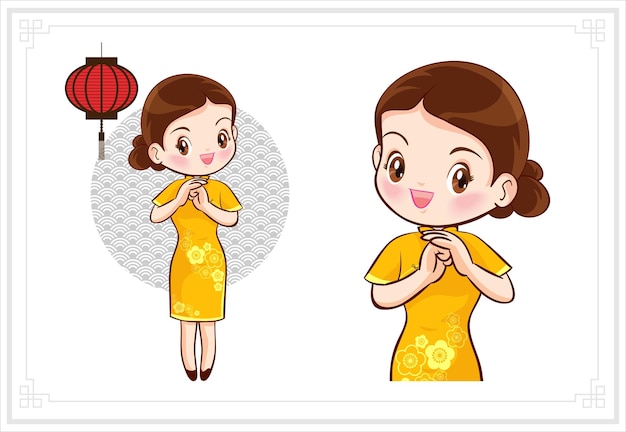 Vector bonita chica china en vestido mandarín con festival de año nuevo chino