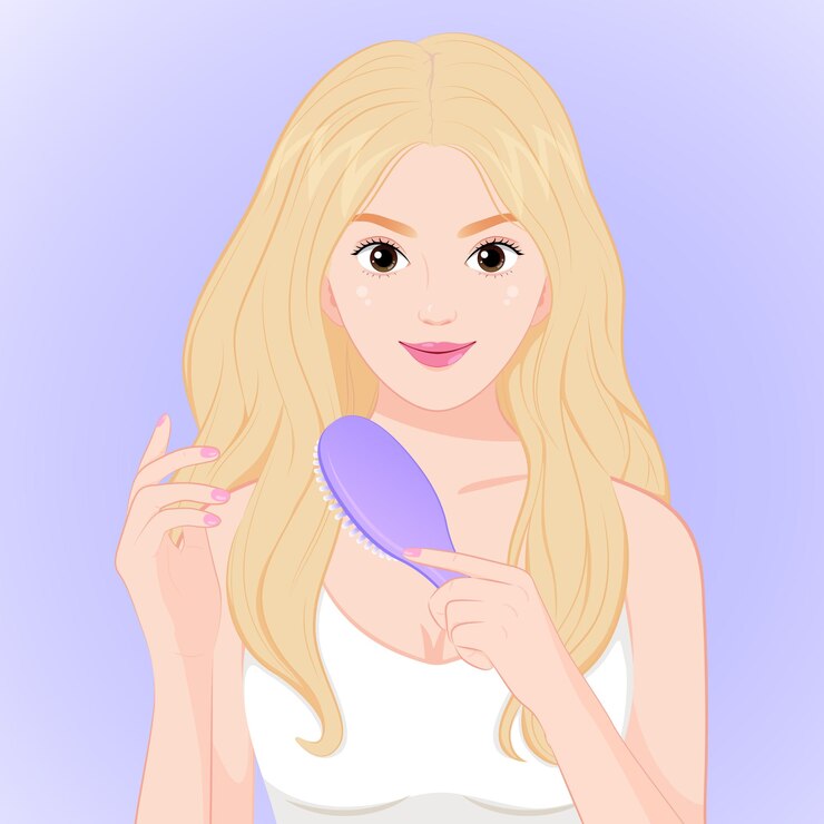 Bonita chica rubia sonriendo peinando su largo y rizado cabello rubio concepto de cuidado del cabello tratamiento capilar