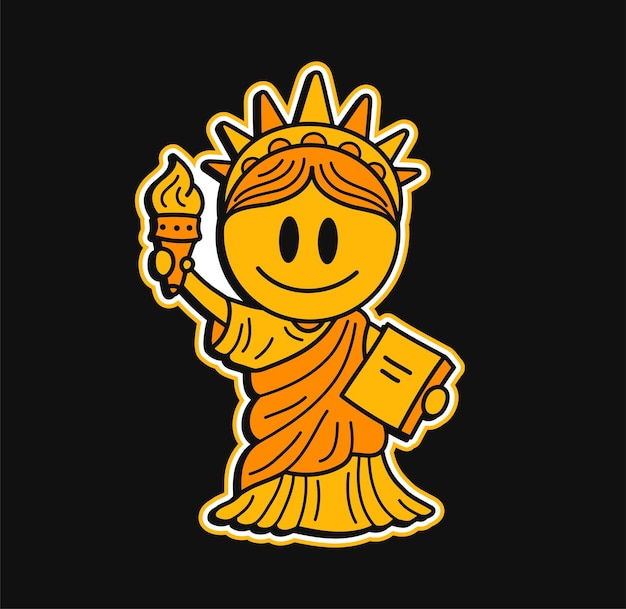Vector bonita estatua de la libertad de nueva york con estampado de cara de sonrisa para camisetavector dibujado a mano línea de garabato ilustración de personaje de dibujos animados