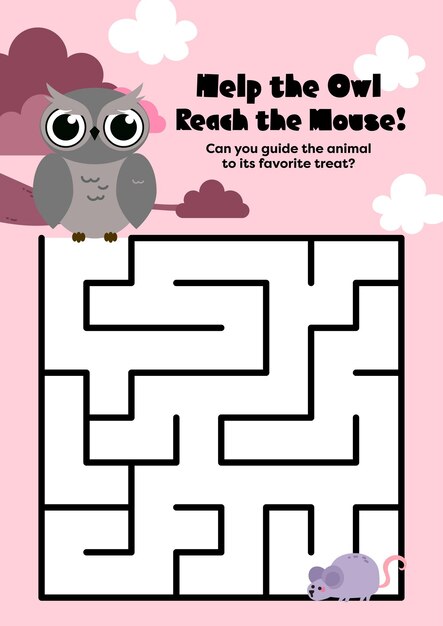Bonita ficha kawaii imprimible para que los niños tracen un divertido laberinto que conecta a los animales con su comida