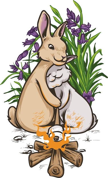 Vector una bonita fogata de conejo con una ilustración de pegatina de malvavisco