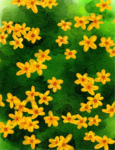 bonita ilustración en acuarela de flores amarillas en el fondo de un arbusto verde