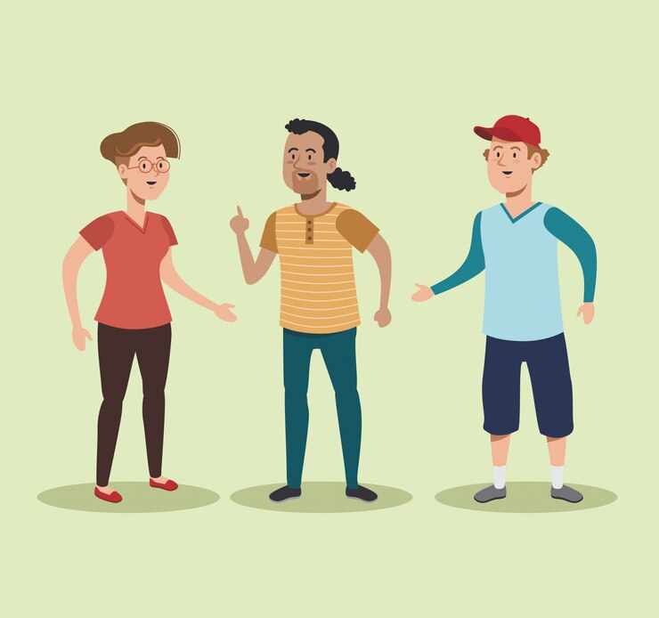 Bonita mujer y hombres hablando con ropa casual