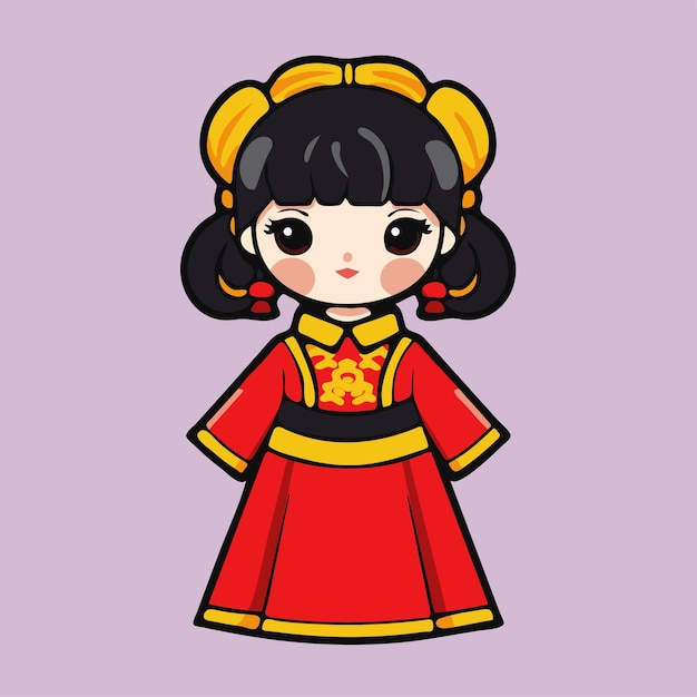 bonita muñeca de seda de caricatura de China con una ilustración mínima de IA generativa.