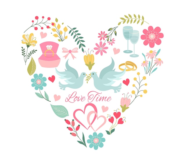 Bonita tarjeta de boda con corazón y flores sobre fondo blanco