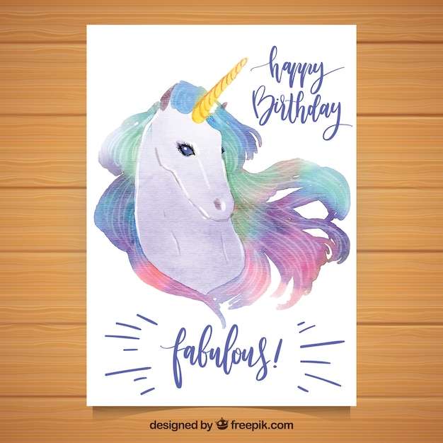 Bonita tarjeta de cumpleaños con unicornio de acuarela