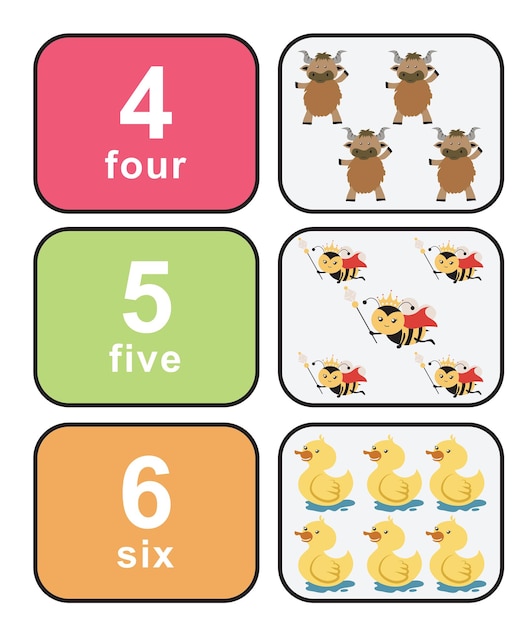 Bonita tarjeta con números de colores para que los niños aprendan a contar Tarjetas delanteras y traseras con animales