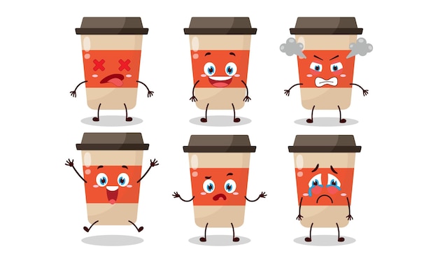 bonita taza de café dibujado animado con muchas expresiones diseño ilustración