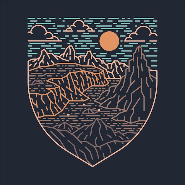 Bonita vista de las montañas mono línea ilustración gráfica arte vectorial diseño de camiseta