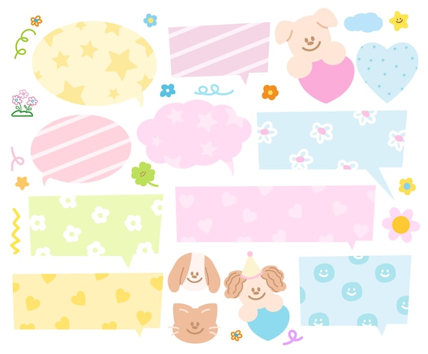 Bonitas burbujas de texto con flores de gatito cachorro para dibujos animados, cómics, charlas, diálogos, pegatinas de enmascarado.
