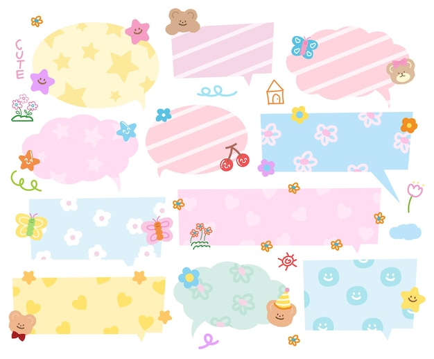 Bonitas burbujas de texto con oso de peluche mariposa corazón estrella flores para dibujos animados cómic charla dia
