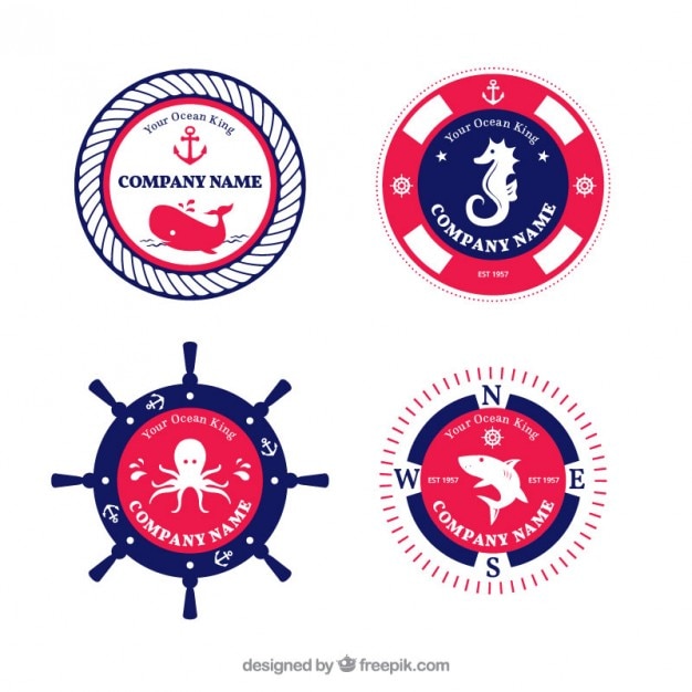 Vector bonitas insignias marineras en colores azul y rojo