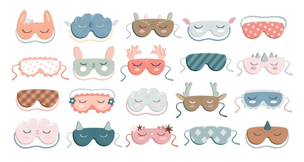 Bonitas máscaras para dormir accesorios de belleza para cubrir los ojos con caras de animales y ojos cerrados descansando máscara relajante y vendas para los ojos para dormir conjunto de vectores de dibujos animados