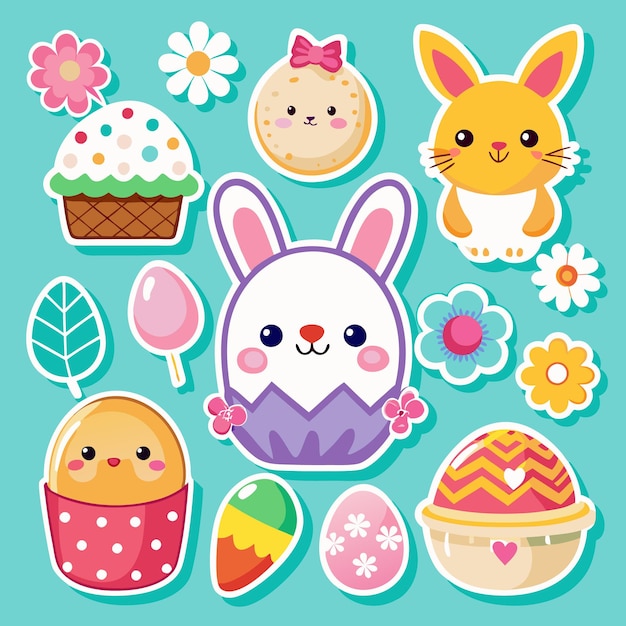 Bonitas pegatinas de conejo de Pascua con huevos y flores