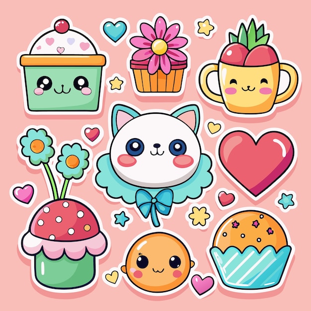 Bonitas pegatinas con corazones, flores y pasteles