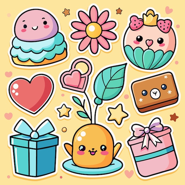 Bonitas pegatinas con corazones, flores y regalos
