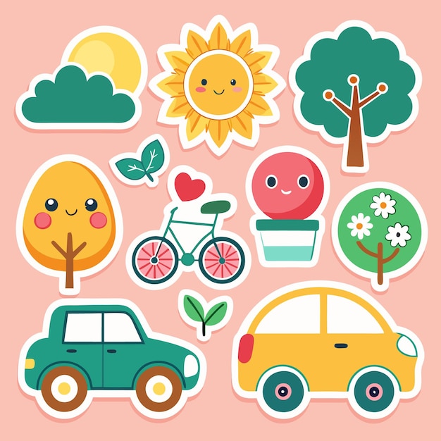 Bonitas pegatinas de dibujos animados con una bicicleta dos coches un girasol cuatro árboles una nube y el sol