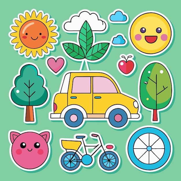 Bonitas pegatinas de dibujos animados con un coche árboles una bicicleta un sol una nube un corazón y una rueda