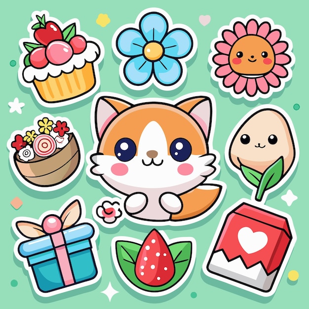 Bonitas pegatinas de dibujos animados con un gato, flores, comida y regalos.