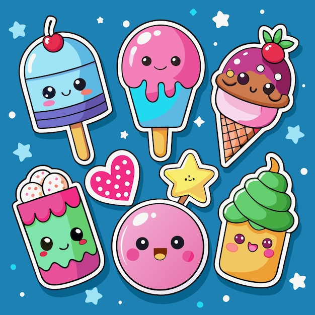Bonitas pegatinas de dibujos animados de helados, caramelos, pasteles y otras golosinas dulces sobre un fondo azul con estrellas blancas