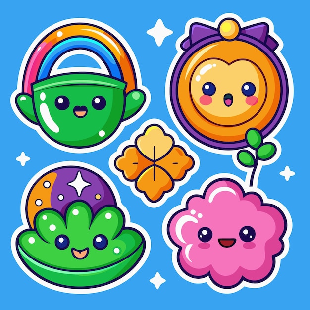 Las bonitas pegatinas de dibujos animados la moneda de la nube de la flor de la olla de arco iris