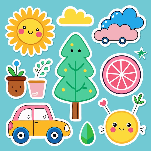 Bonitas pegatinas de dibujos animados de un sol sonriente una nube un árbol un coche un pomelo y dos plantas