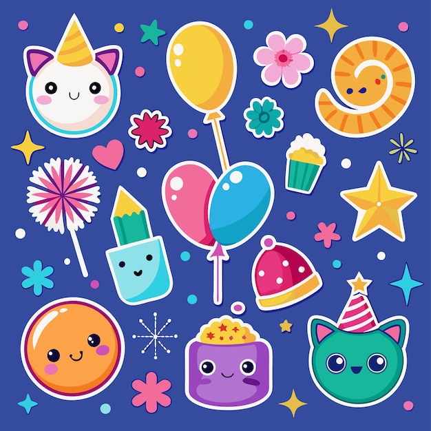 Bonitas pegatinas de dibujos animados con sombreros de fiesta corazones estrellas y flores sobre un fondo azul
