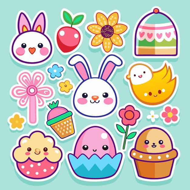 Bonitas pegatinas de dibujos animados con temas de Pascua como conejitos conejos pollos huevos flores y pasteles