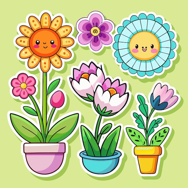 Bonitas pegatinas de flores con caras felices en las ollas